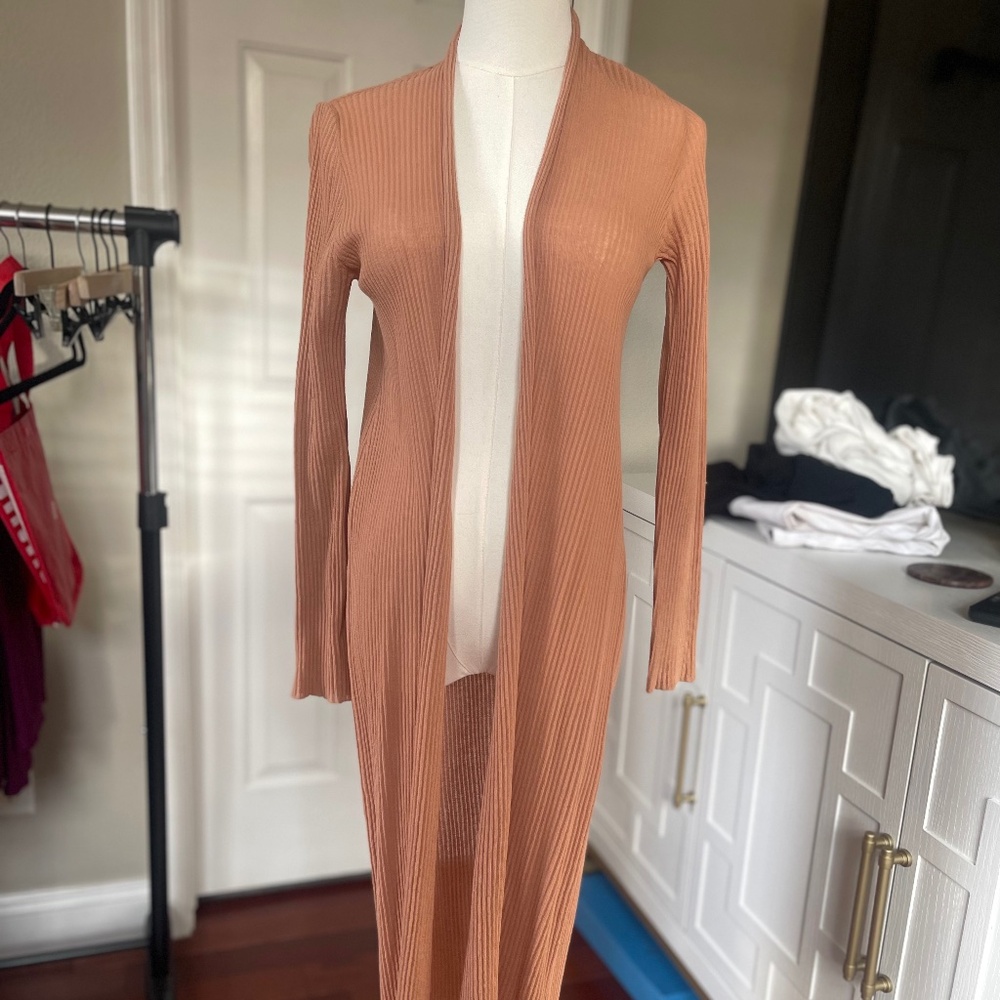 Eileen Fisher Organic Cotton Blend Cardigan Duster in Pink/Beige Sz XS